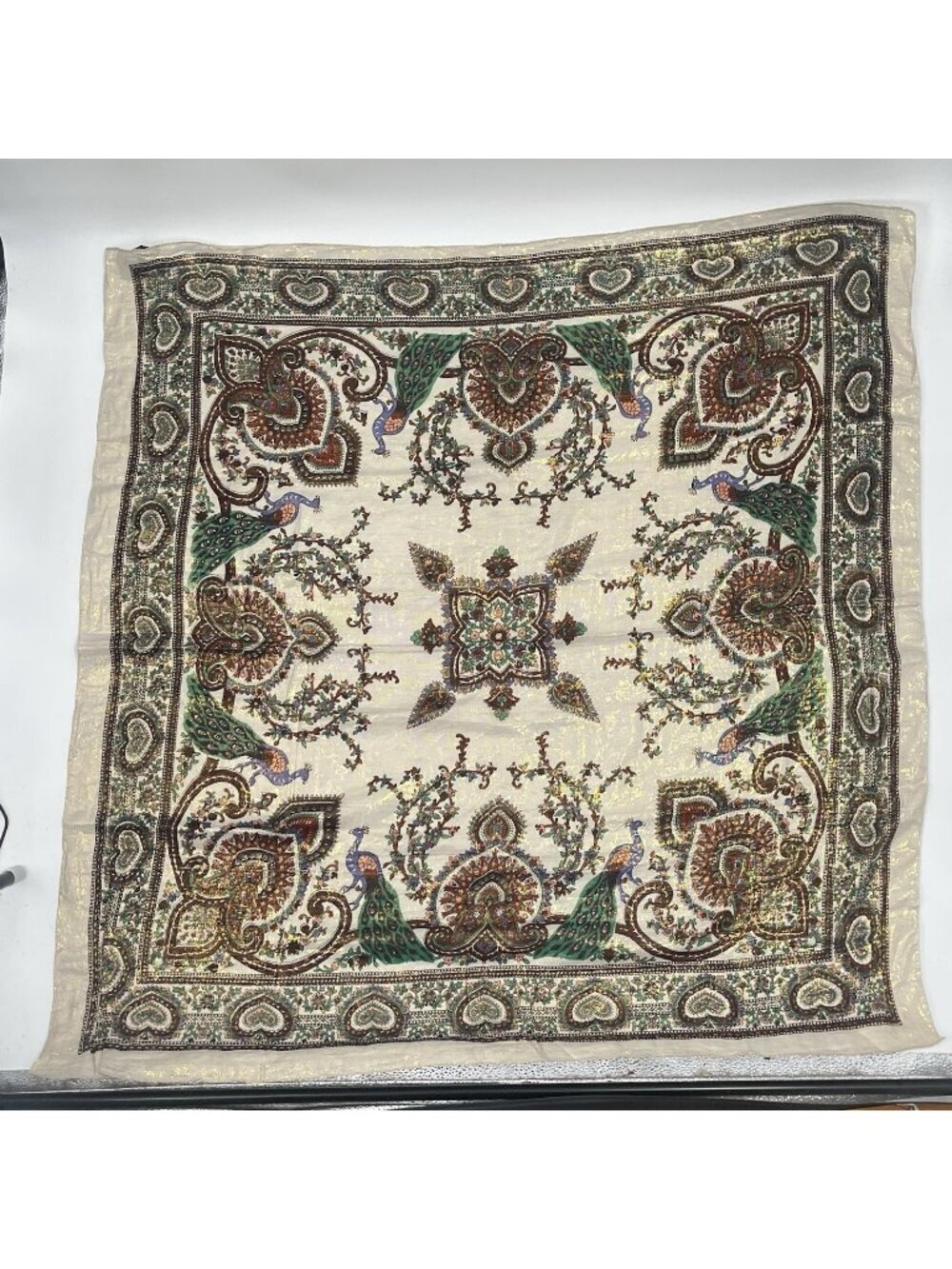 Jeffrey Laurence 41" Square Peacock Paisley Scarf India Sheer Boho Metallic